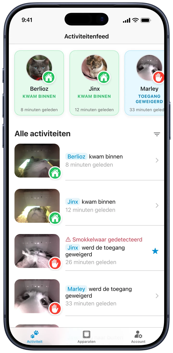 Het OnlyCat-activiteitenoverzicht met aankomsten en video’s bij de deur