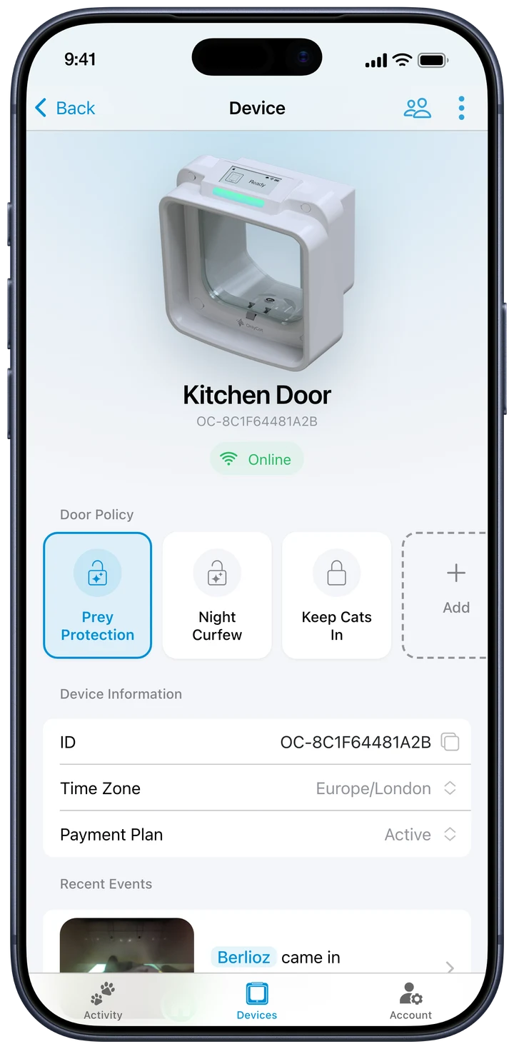 Stay in control. See your device, switch its active door policy and request a remote unlock. Manage your cat’s access from wherever you are connected.