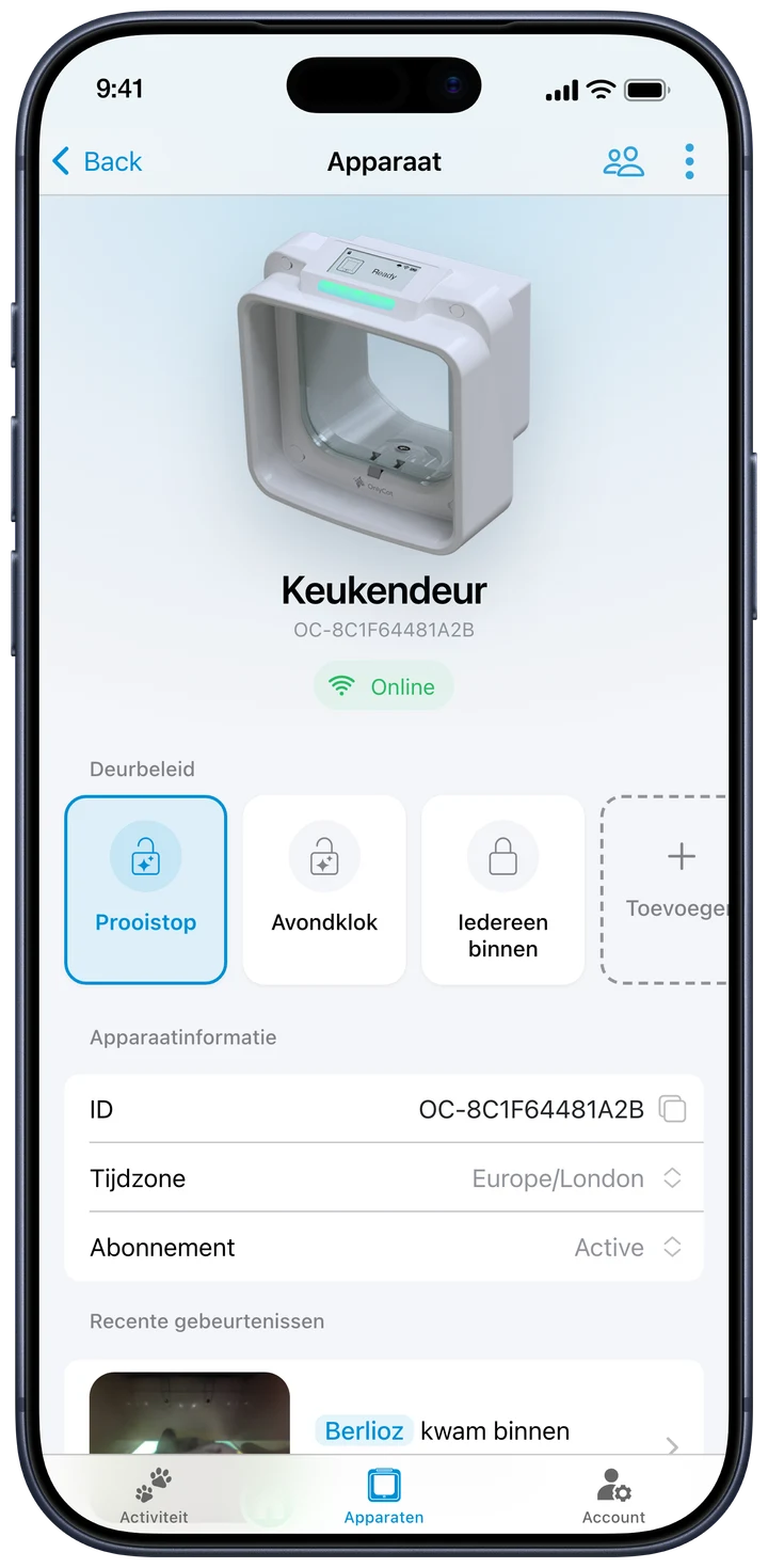 Houd de controle. Bekijk je apparaat, wissel de actieve deurregel en ontgrendel op afstand. Beheer de toegang van je kat overal waar je verbinding hebt.