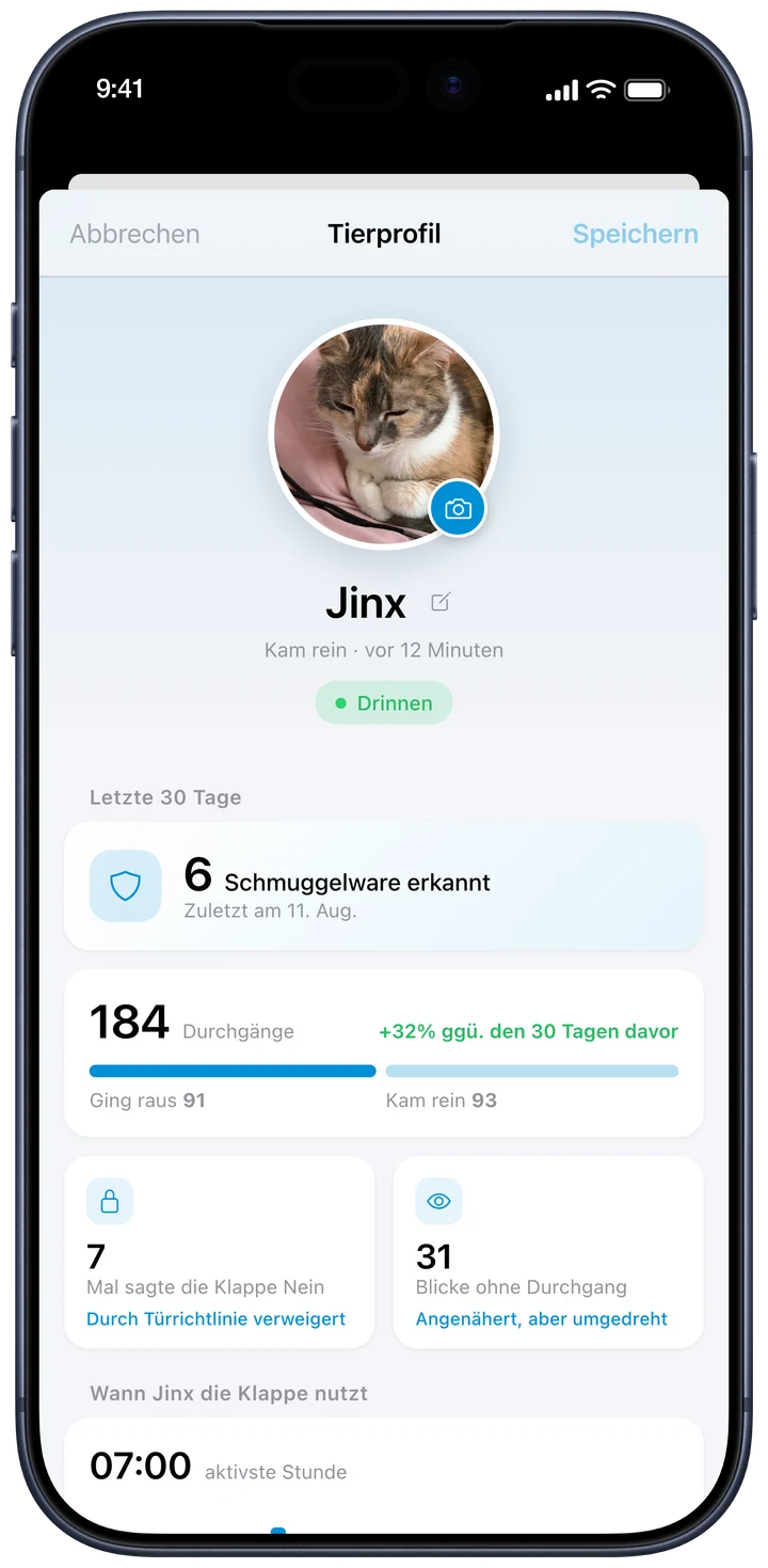 Das Profil einer Katze in der OnlyCat-App mit ihrer Aktivität und ihrem Tagesrhythmus