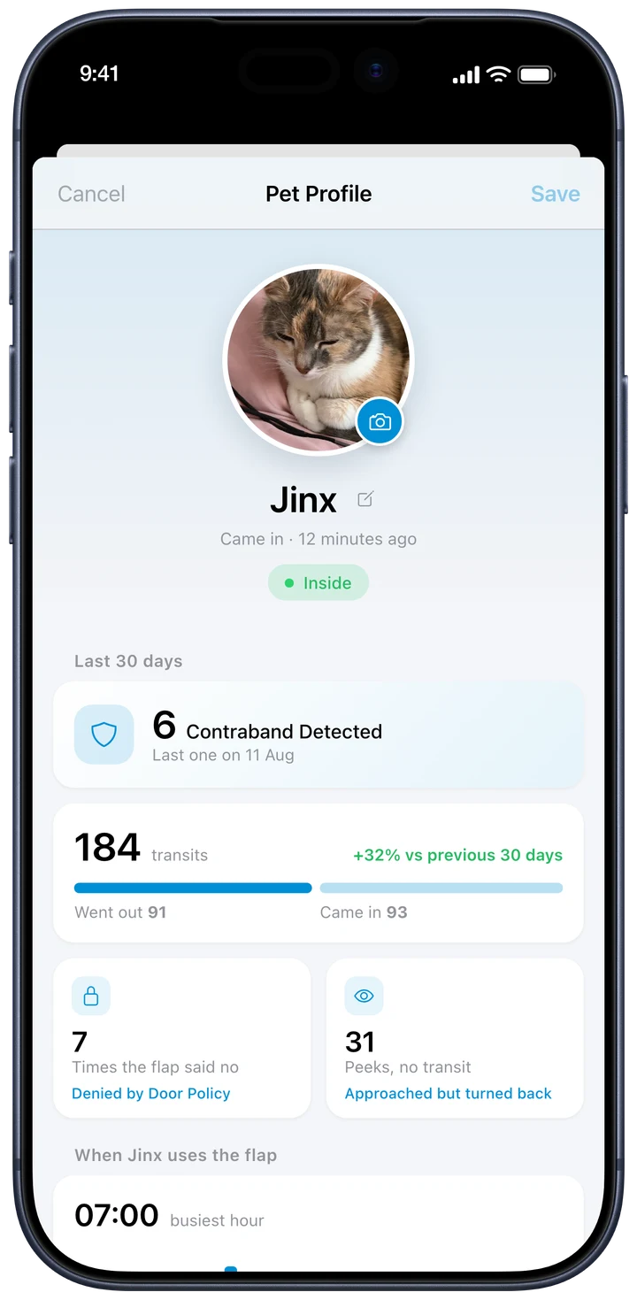 A cat’s profile in the OnlyCat app, with her activity and daily routine