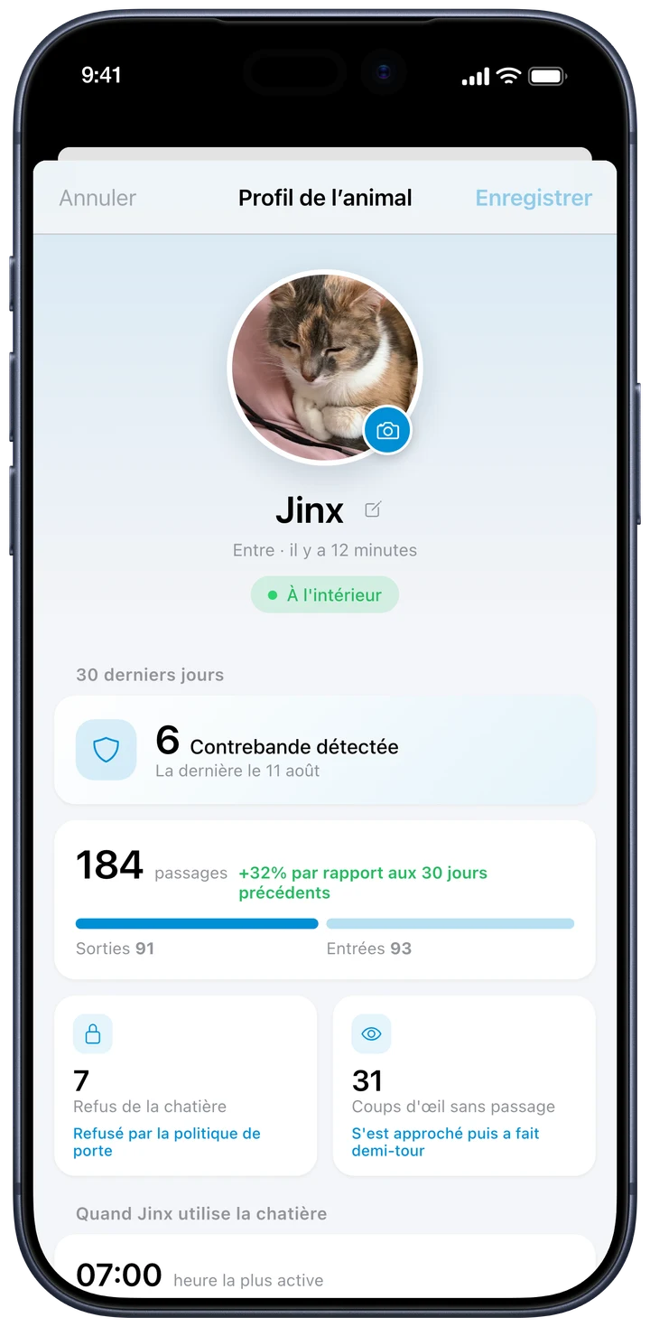 Le profil d’une chatte dans l’application OnlyCat, avec son activité et sa routine quotidienne