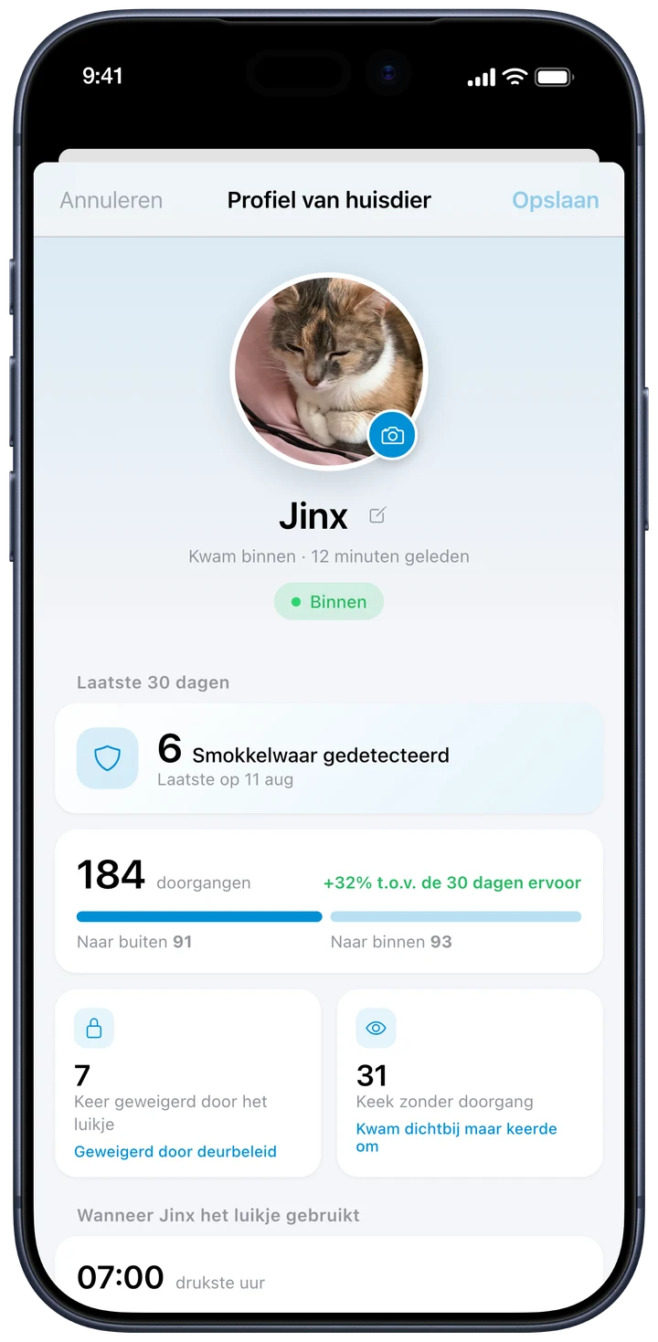 Het profiel van een kat in de OnlyCat-app, met haar activiteit en dagritme