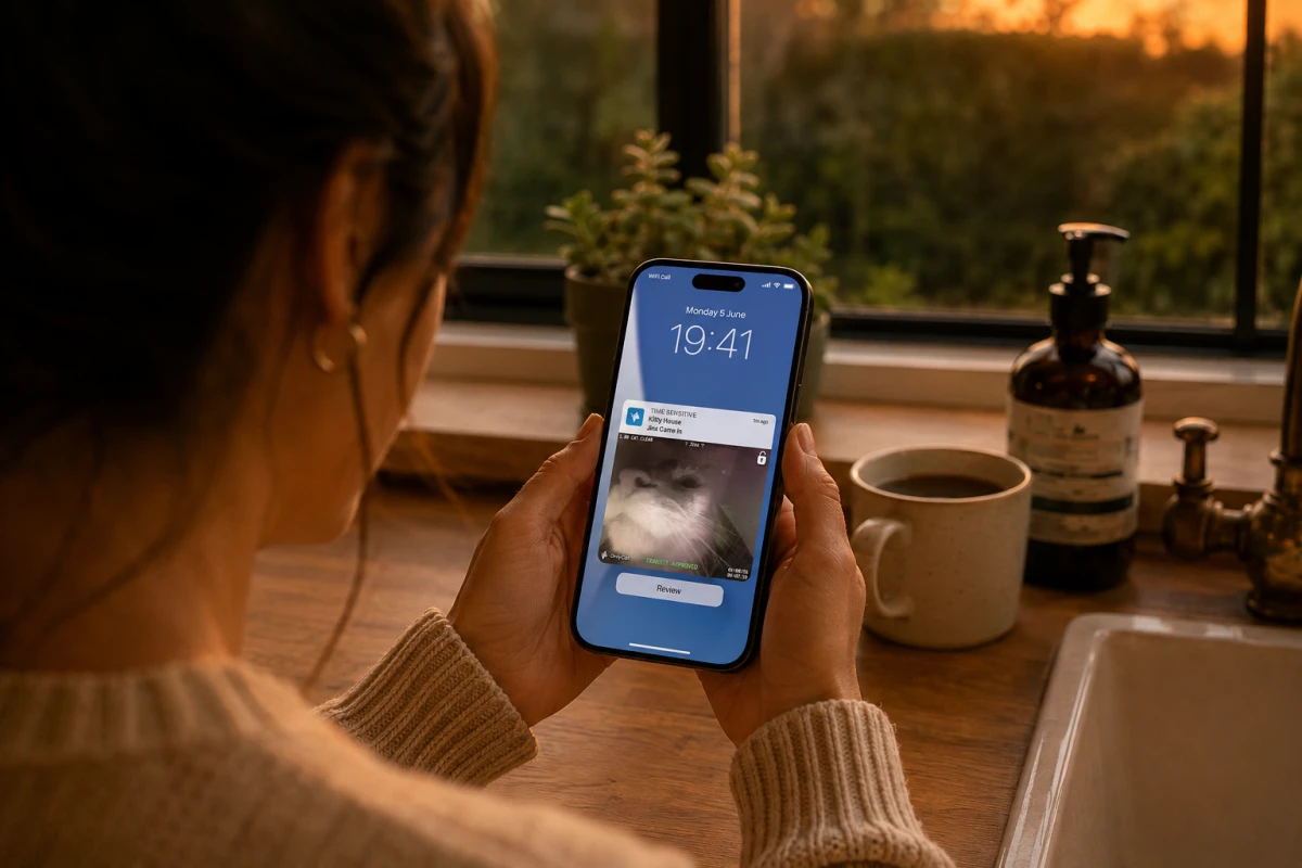 A person holding a phone showing an OnlyCat arrival notification at home
