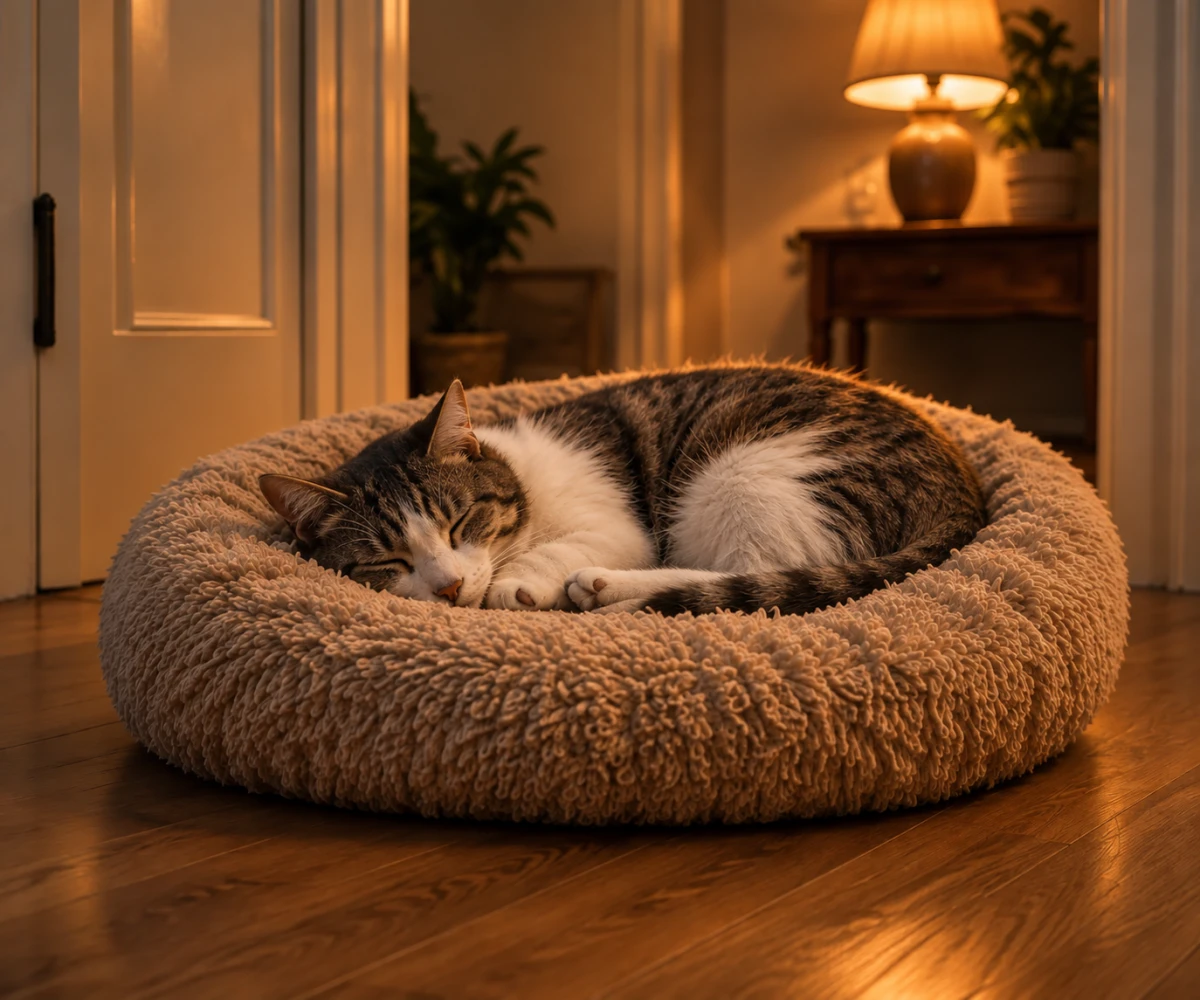 Cat asleep in a soft bed in a warmly lit home