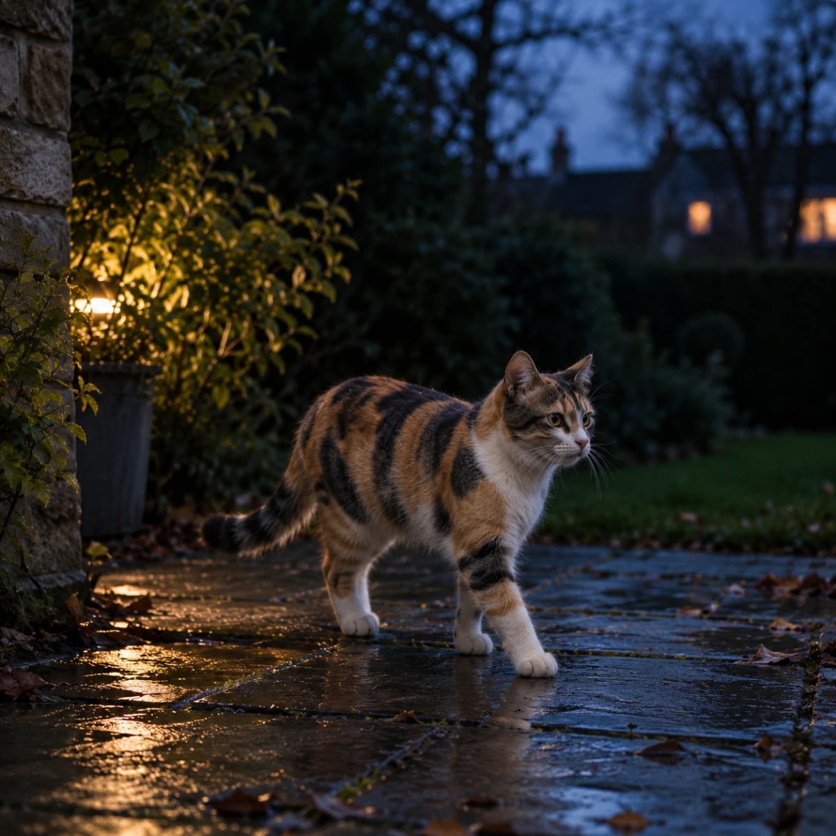 Calico cat exploring a garden path at dusk
