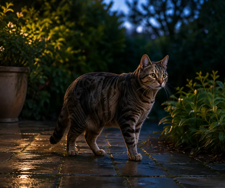 Tabby cat exploring the garden at dusk
