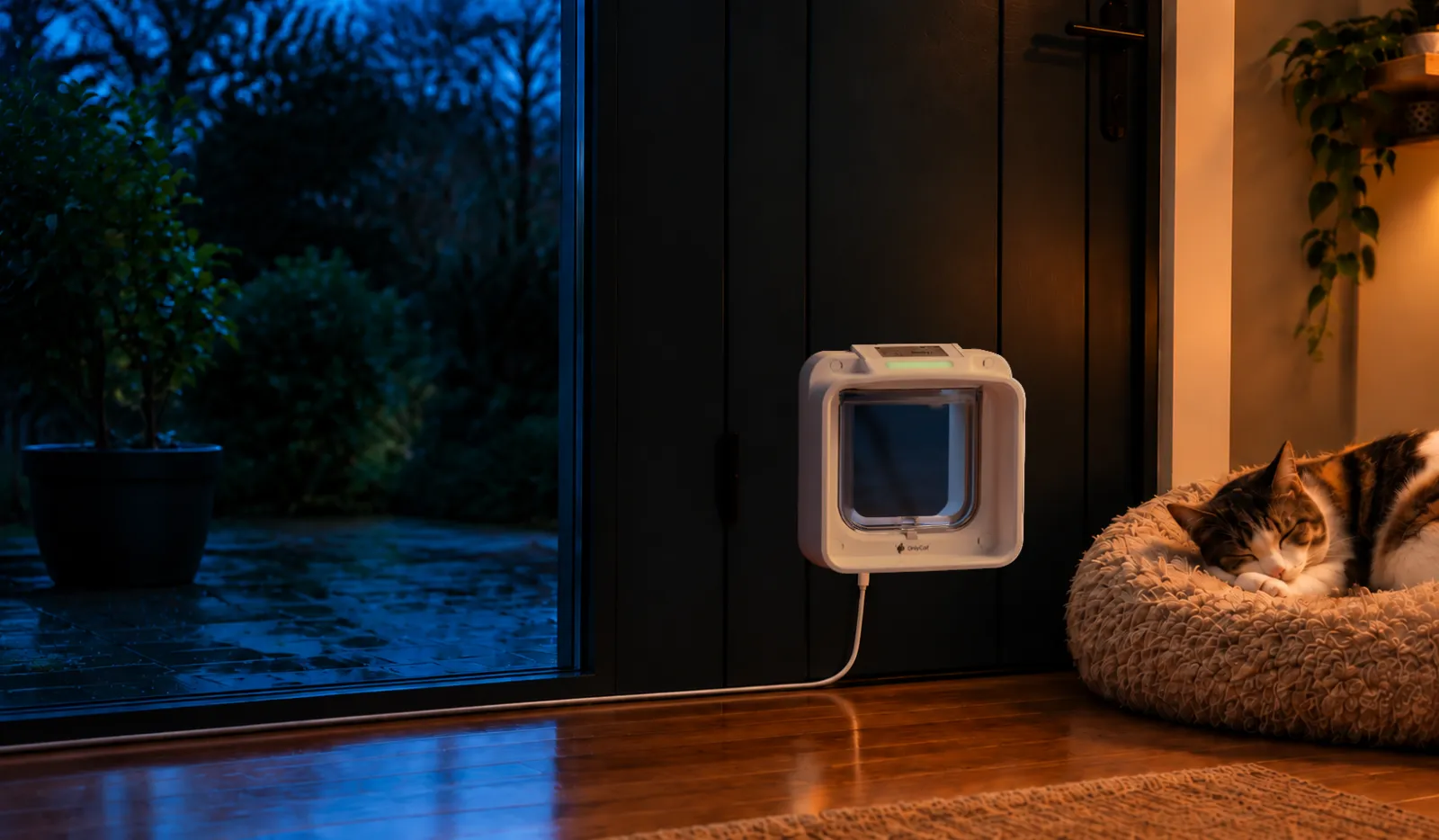 A white OnlyCat cat flap between a cool blue garden and a warm home, with a cat asleep beside the door