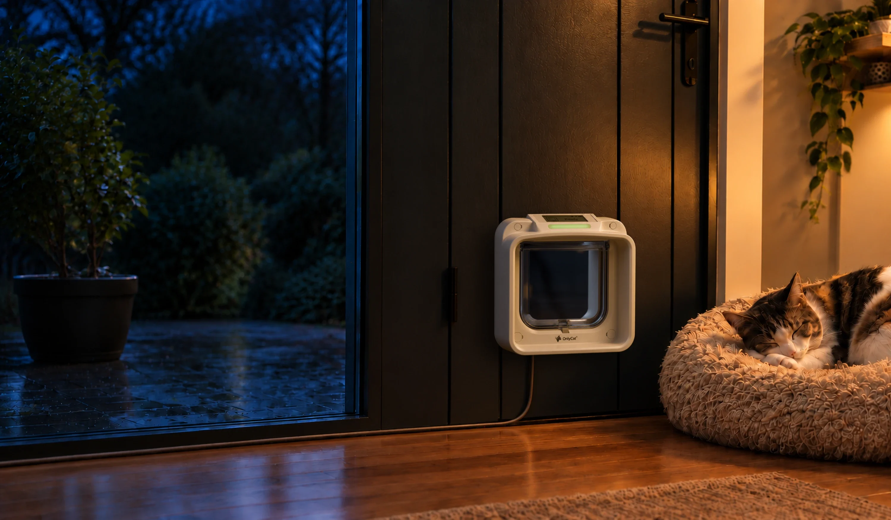 A white OnlyCat cat flap between a cool blue garden and a warm home, with a cat asleep beside the door