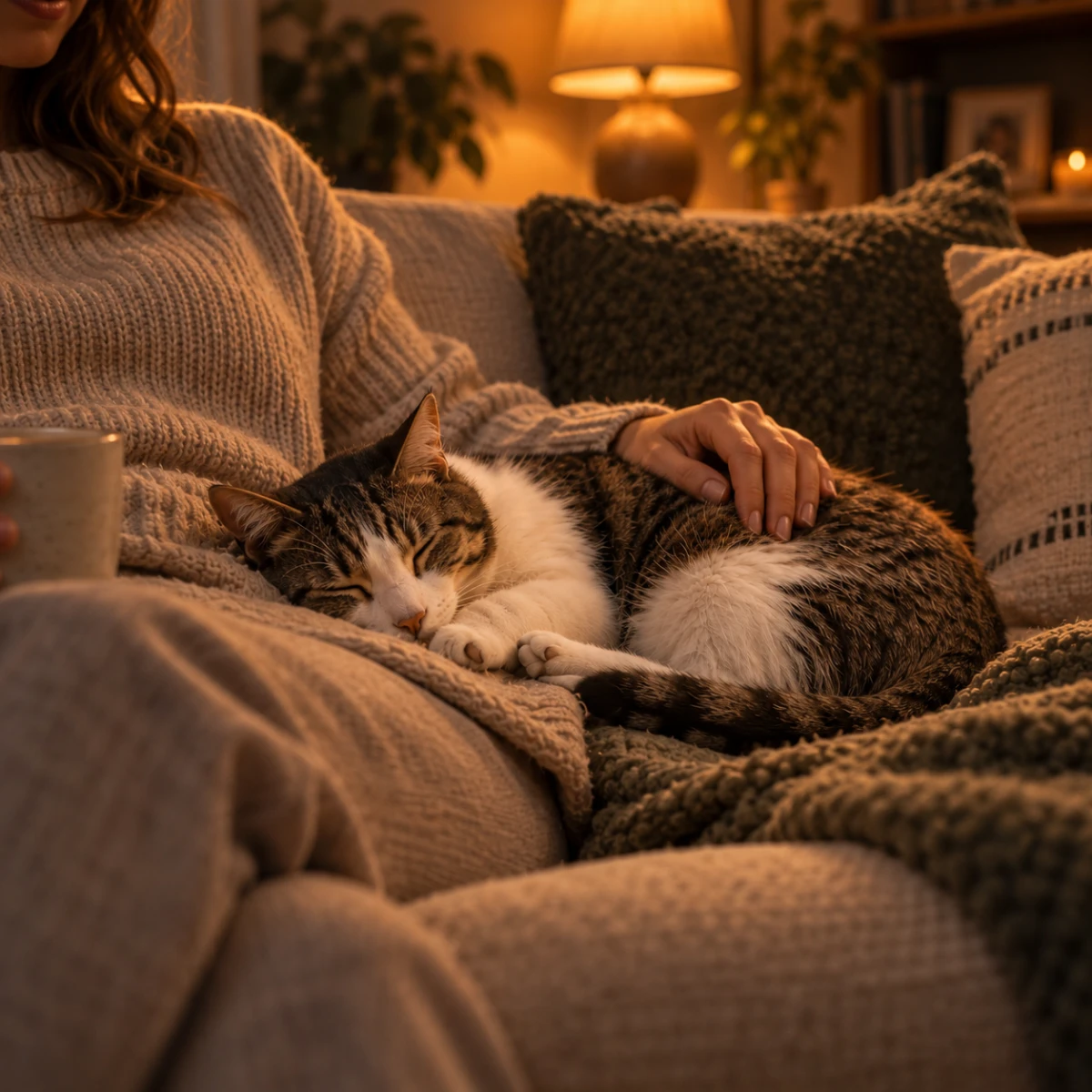 Cat sleeping on a person’s lap in a warmly lit living room
